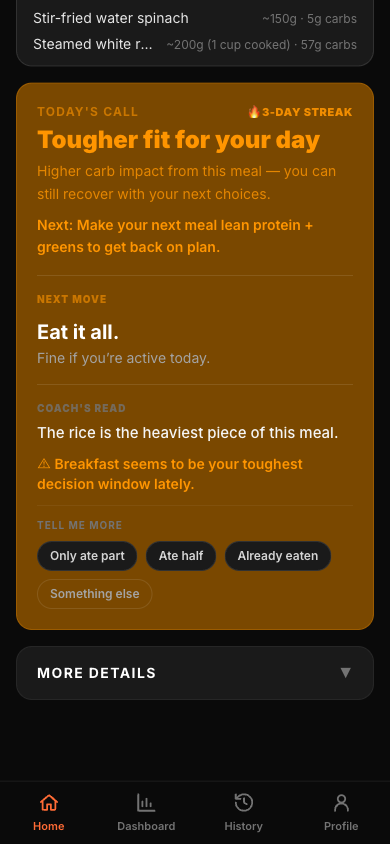 Result screen showing coach card with next move