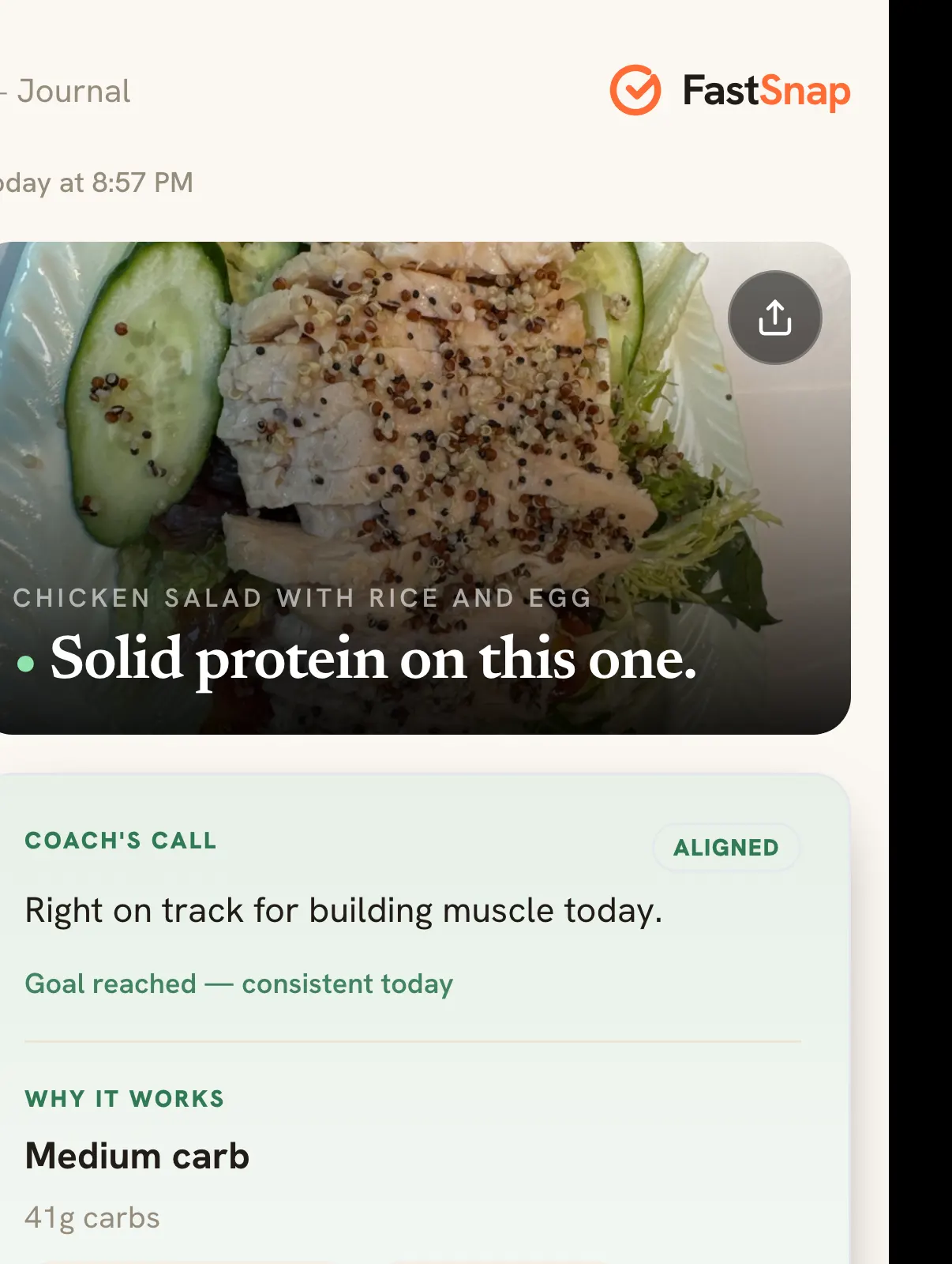 FastSnap result screen showing a Coach’s Call on a meal photo