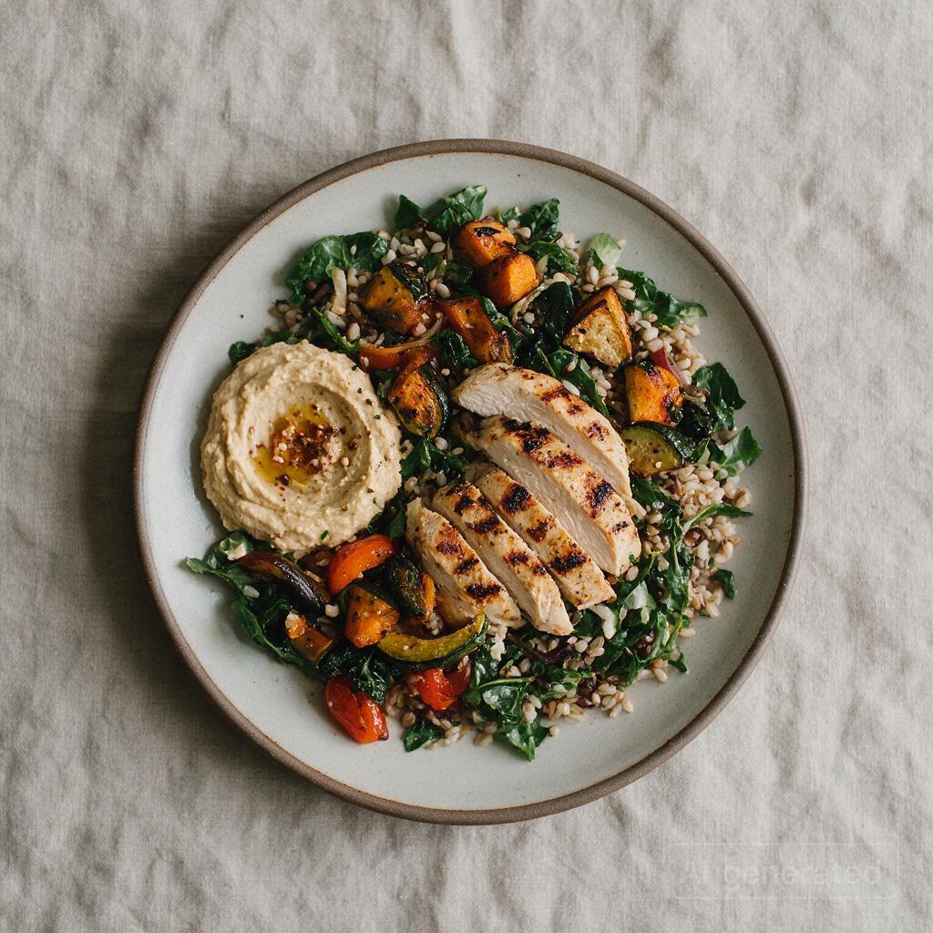 Greens and Grains Bowl with Grilled Chicken, Hummus, and Roasted Vegetables