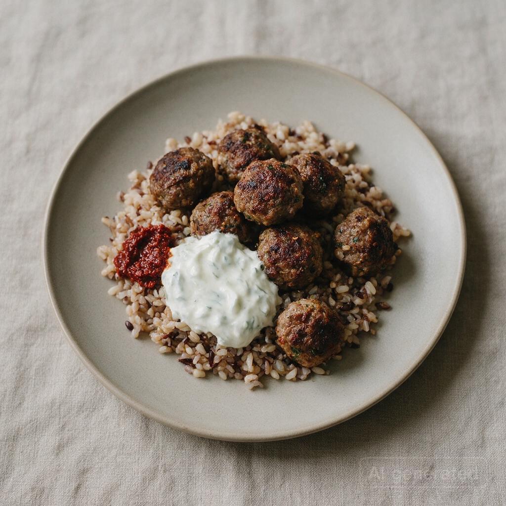 Grains Bowl with Spicy Lamb Meatballs, Tzatziki, and Harissa