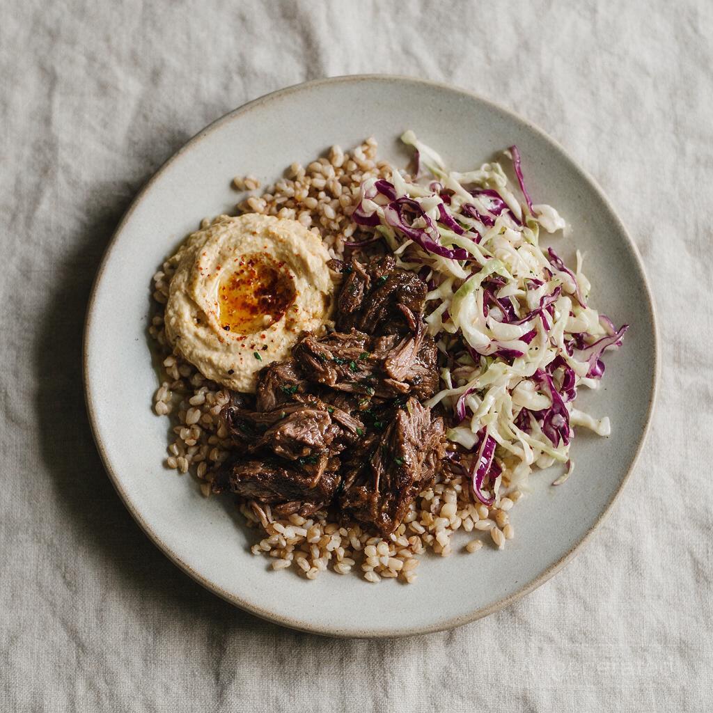 Grain Bowl with Braised Lamb, Hummus, and Cabbage Slaw