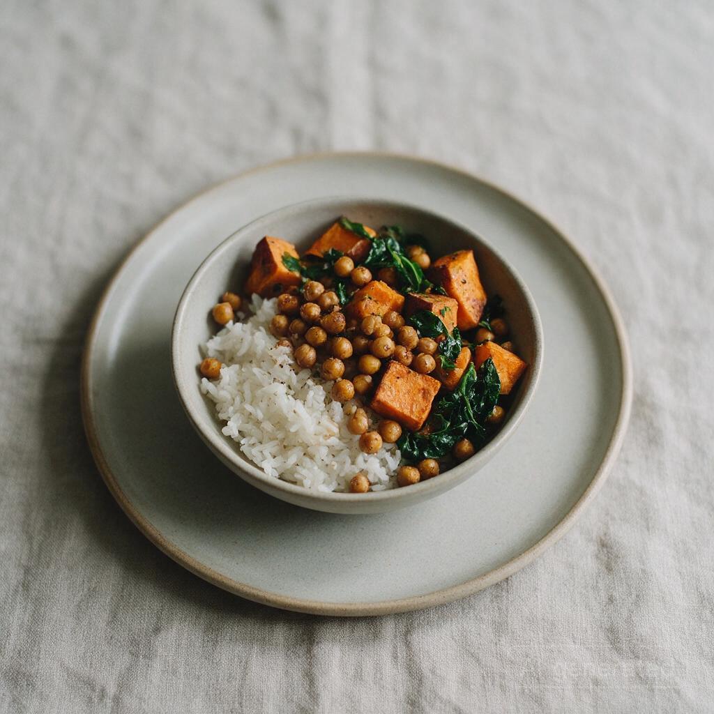 Rice bowl with roasted chickpeas, sweet potato, and greens