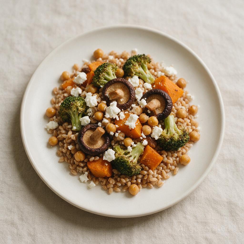 Farro or barley with roasted vegetables and feta