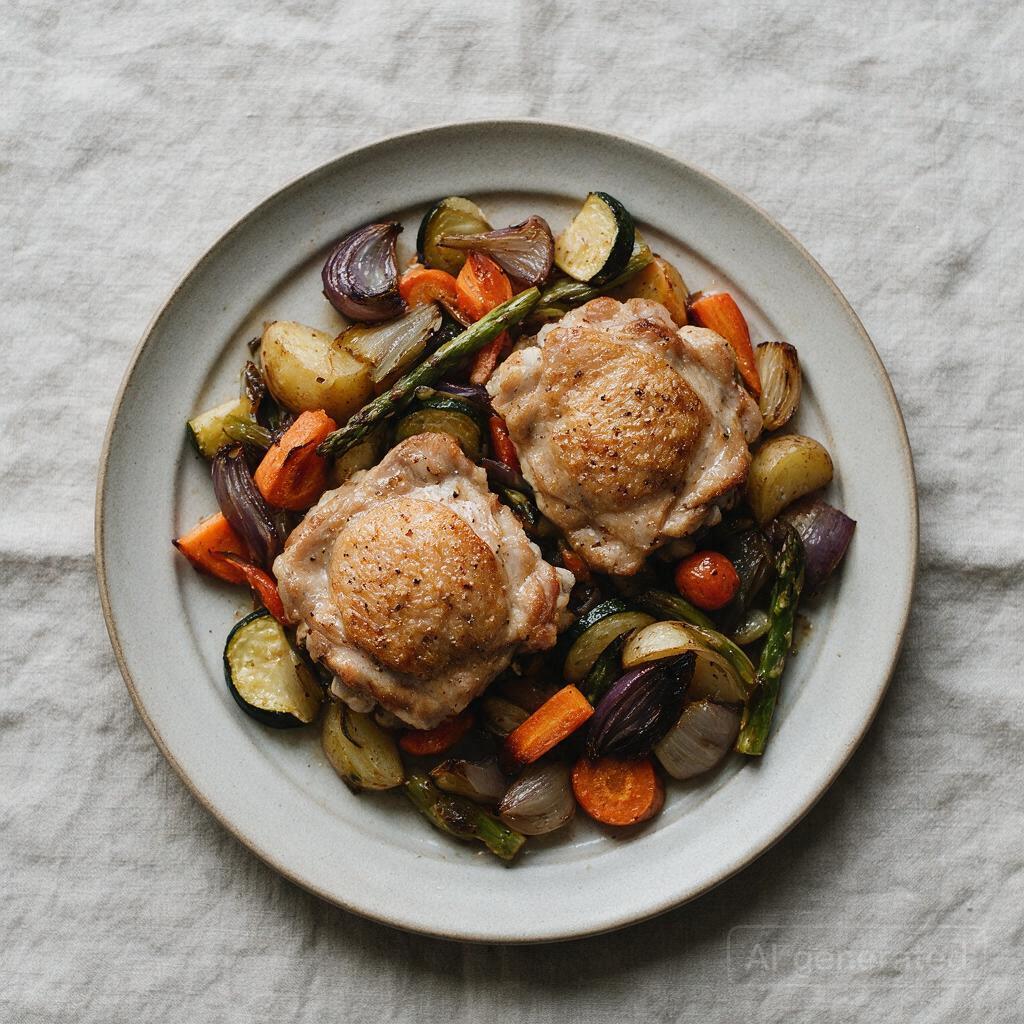 One-pan chicken thighs with whatever vegetables are going soft