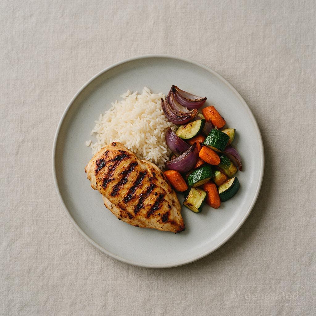 Grilled chicken with rice and roasted vegetables