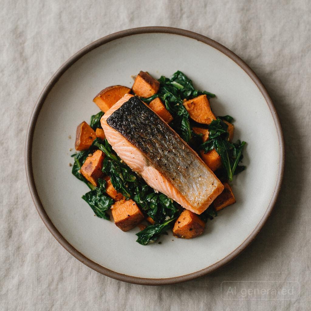 Salmon with sweet potato and greens