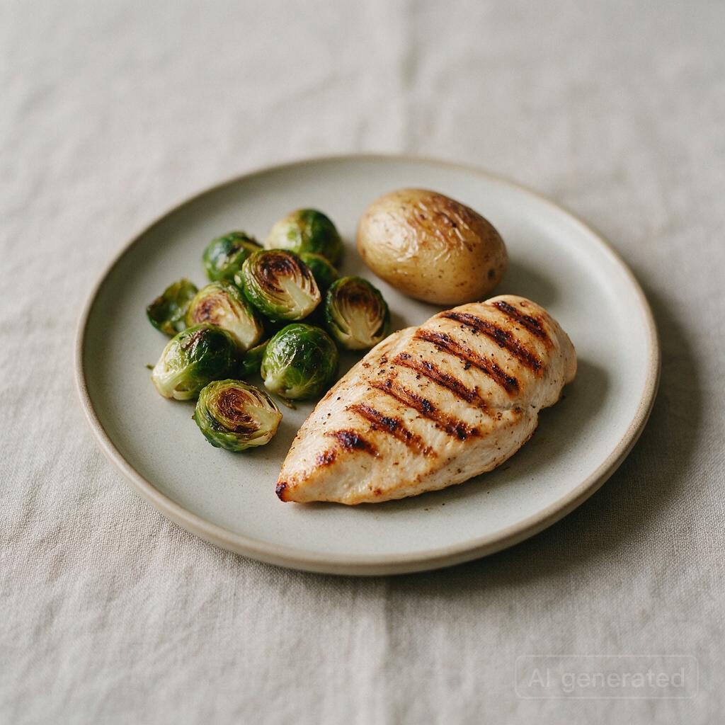 Grilled chicken breast with roasted Brussels sprouts and a small baked potato