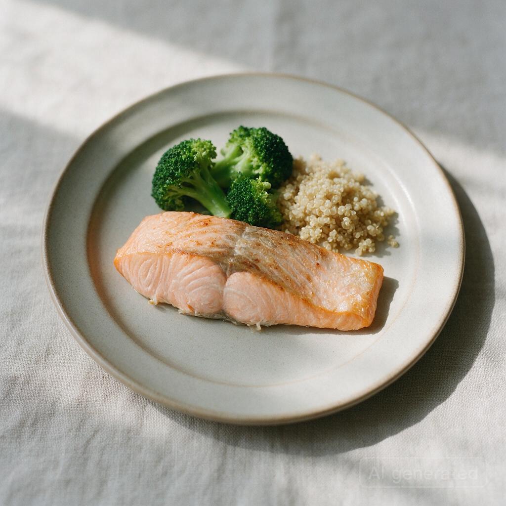 Baked salmon with steamed broccoli and a small portion of quinoa