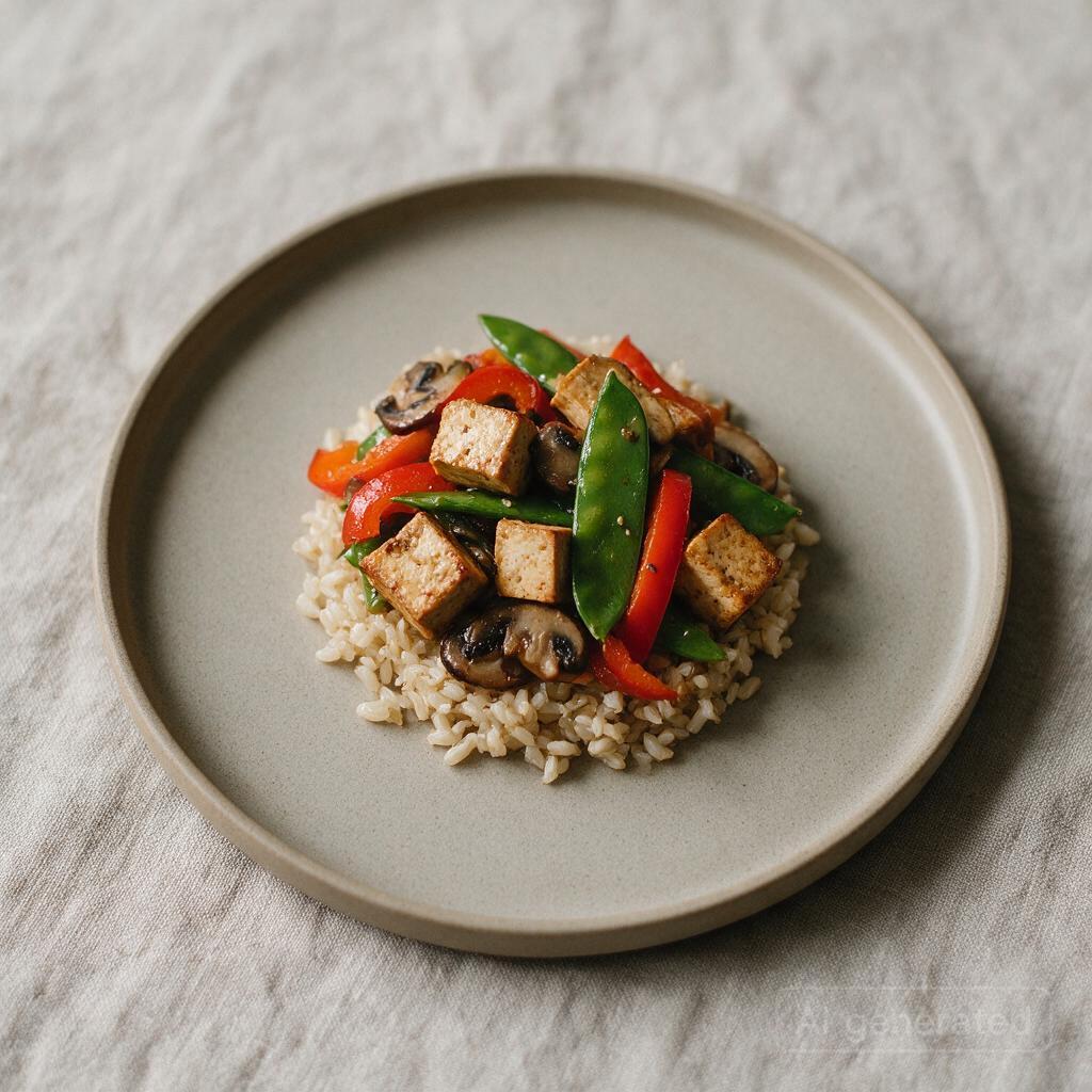 Stir-fried tofu with mixed vegetables over a small bed of brown rice