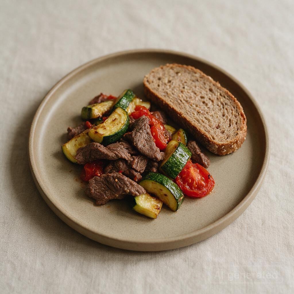 Lean beef with roasted zucchini, bell peppers, and a slice of whole grain bread