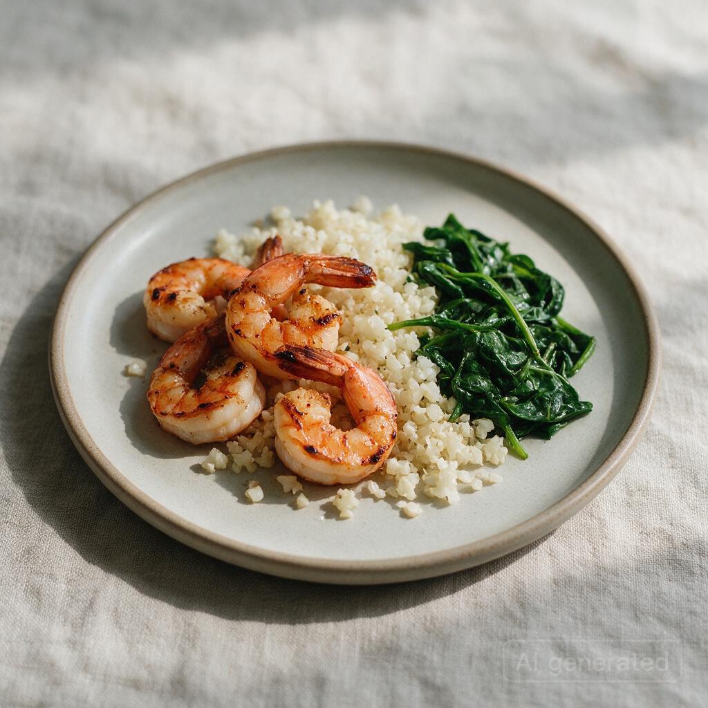 Grilled shrimp with cauliflower rice and sautéed spinach