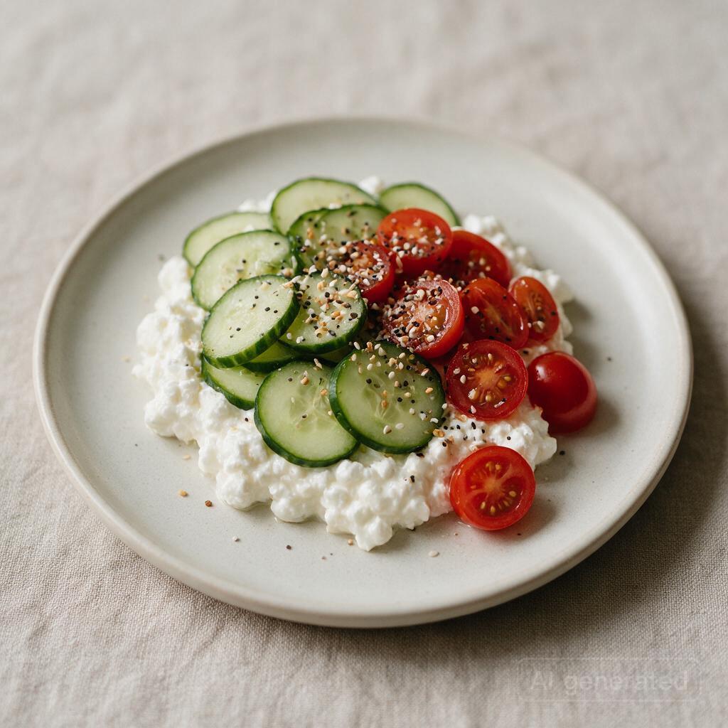 Cottage cheese with sliced cucumber, cherry tomatoes, and everything bagel seasoning