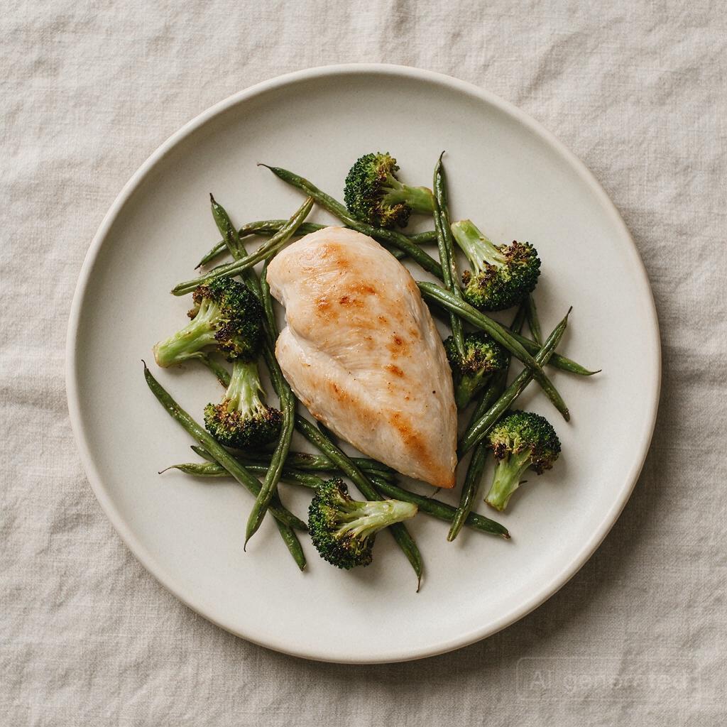 A palm-sized piece of baked salmon or chicken breast with roasted broccoli or green beans