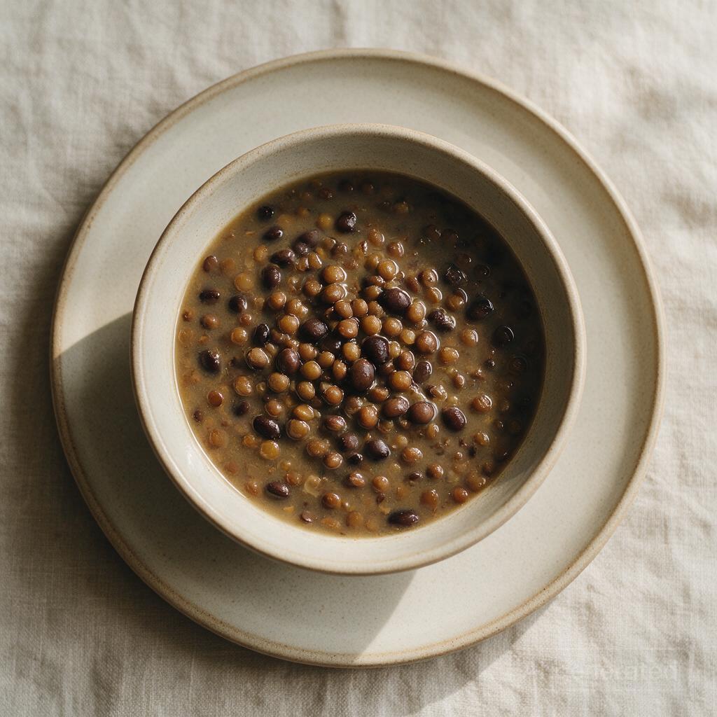 A bowl of lentil or black bean soup (broth-based, not creamy)