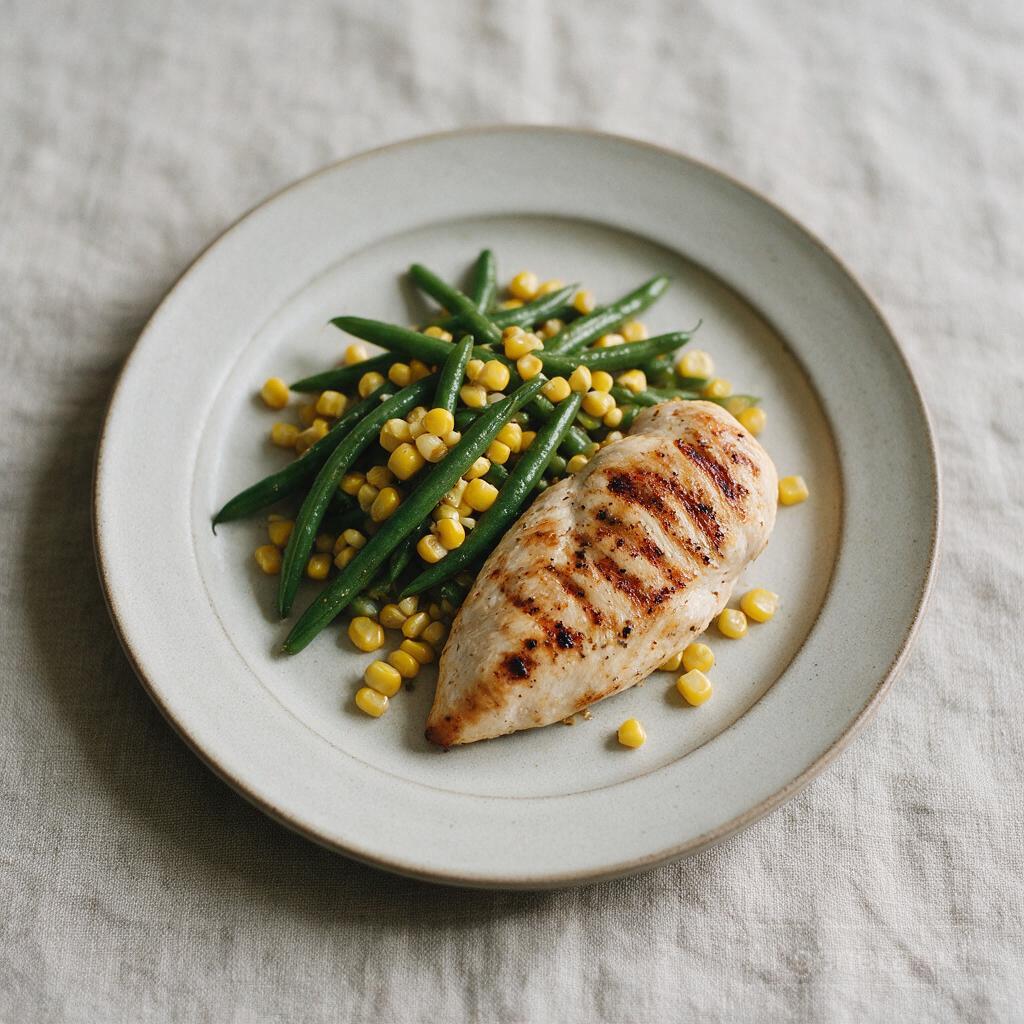 Grilled chicken breast with green beans and corn