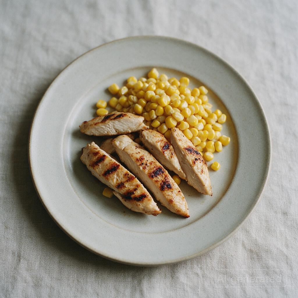 Chicken breast strips (grilled) with corn