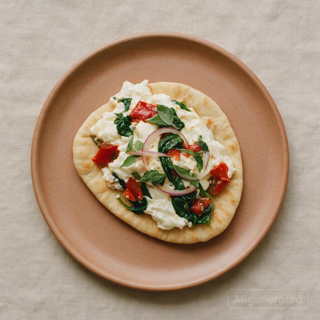 Egg whites with vegetables on flatbread