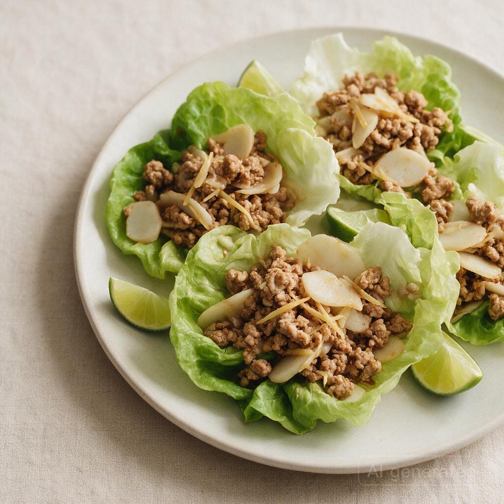 Lettuce cups with ground turkey, water chestnuts, ginger, soy sauce, and lime