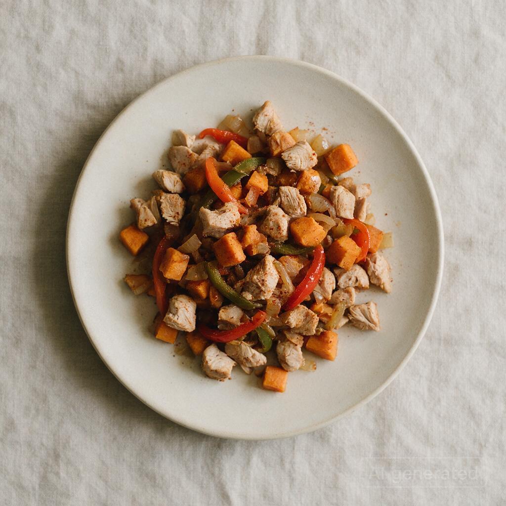 Skillet hash with turkey, diced sweet potato, bell pepper, onion, and chili powder