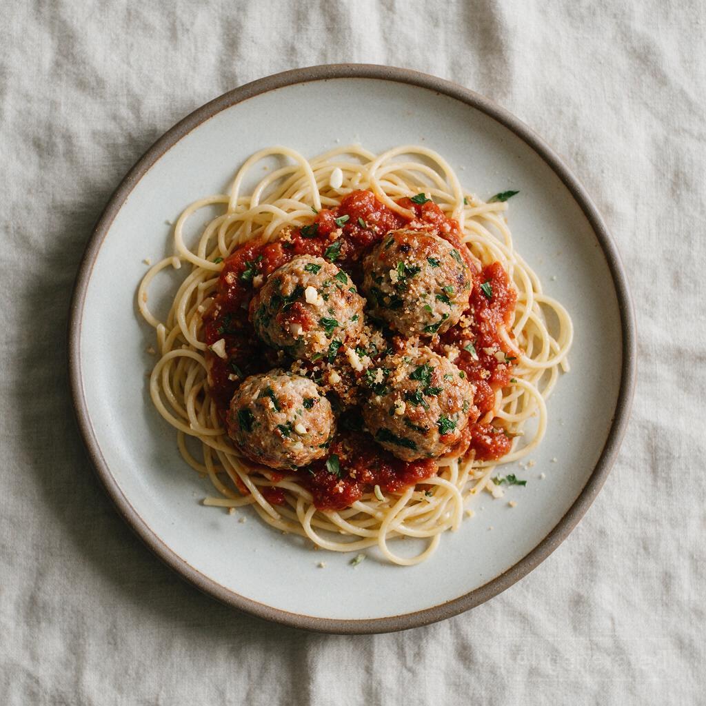 Turkey meatballs with herbs, garlic, and breadcrumbs in marinara over pasta or zucchini noodles