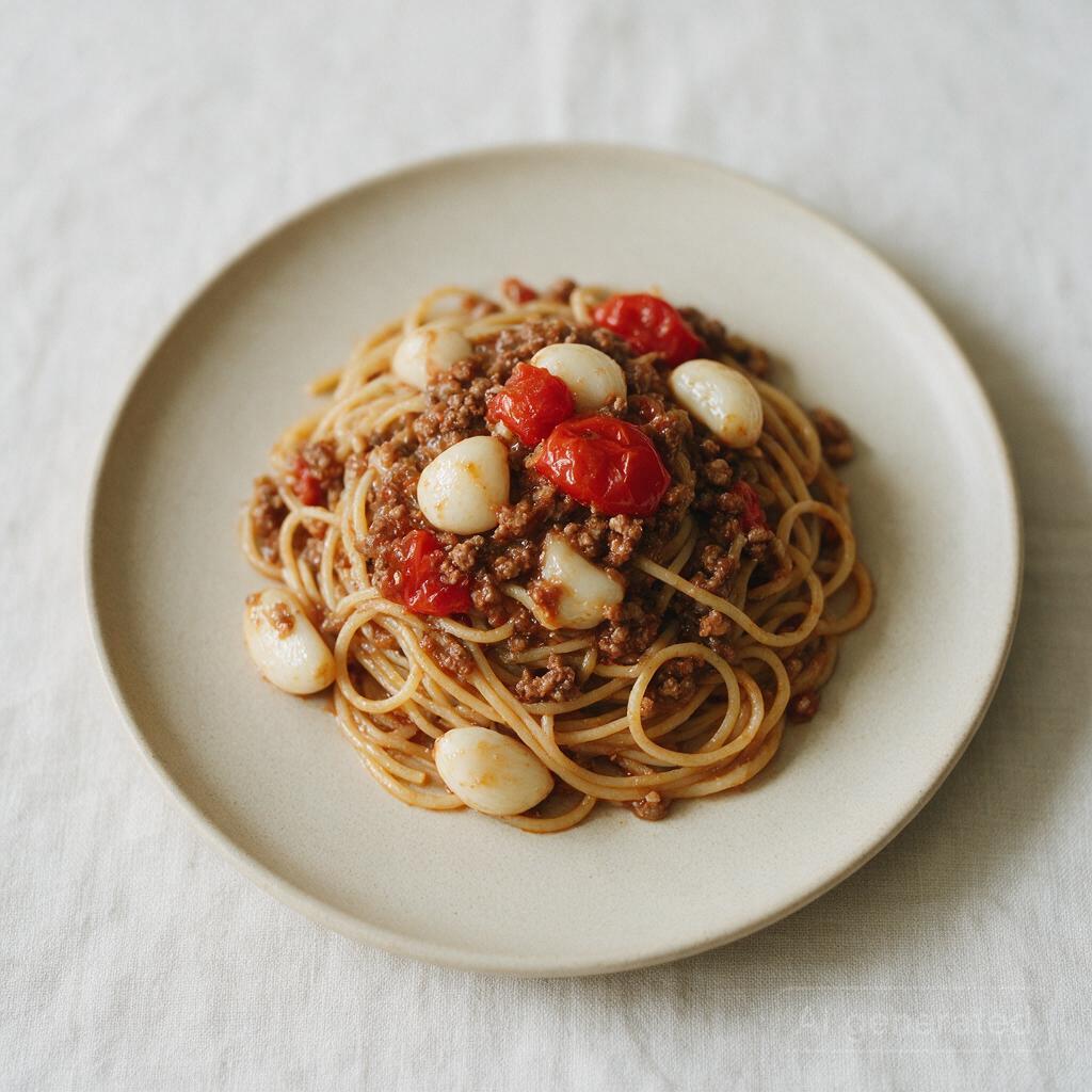 Meat sauce over pasta with garlic and canned tomatoes