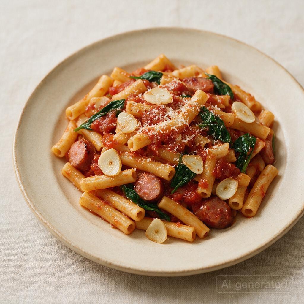 Pasta with tinned tomatoes, garlic, and any protein or vegetables you have open