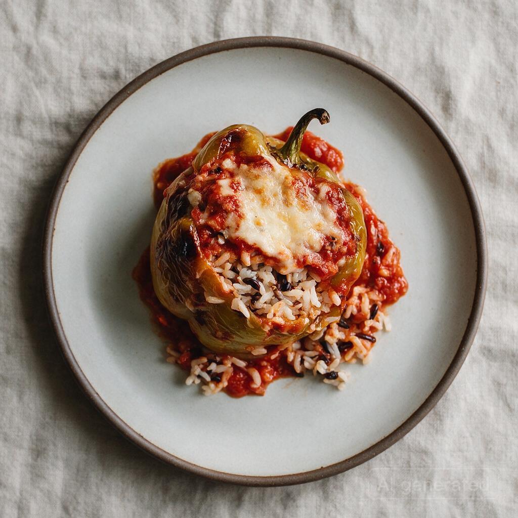 Stuffed bell peppers with rice, tomato sauce, and cheese