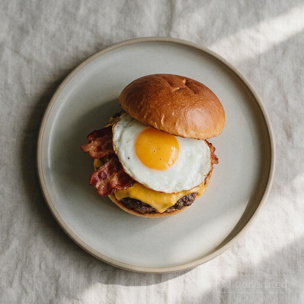 Single cheeseburger with bacon and a fried egg