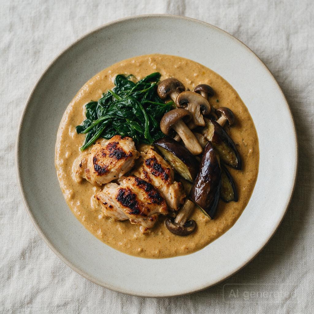 Grilled chicken curry with spinach, mushrooms, and eggplant toppings
