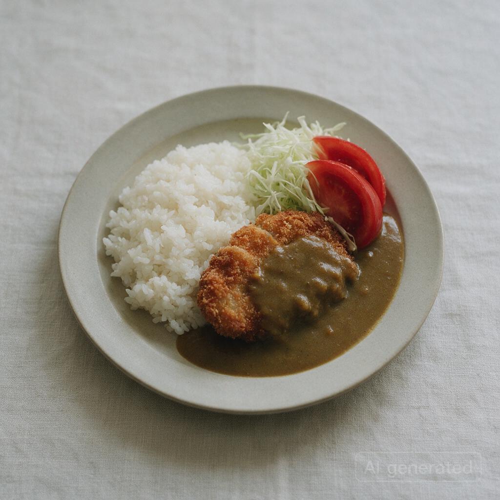 Pork cutlet curry with cabbage and tomato, rice portioned to half or on the side