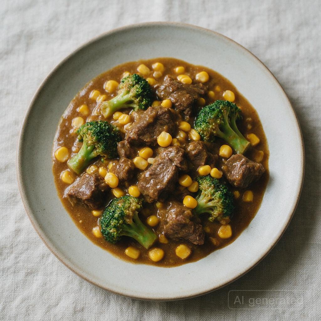 Beef curry with broccoli and corn, mild or medium spice