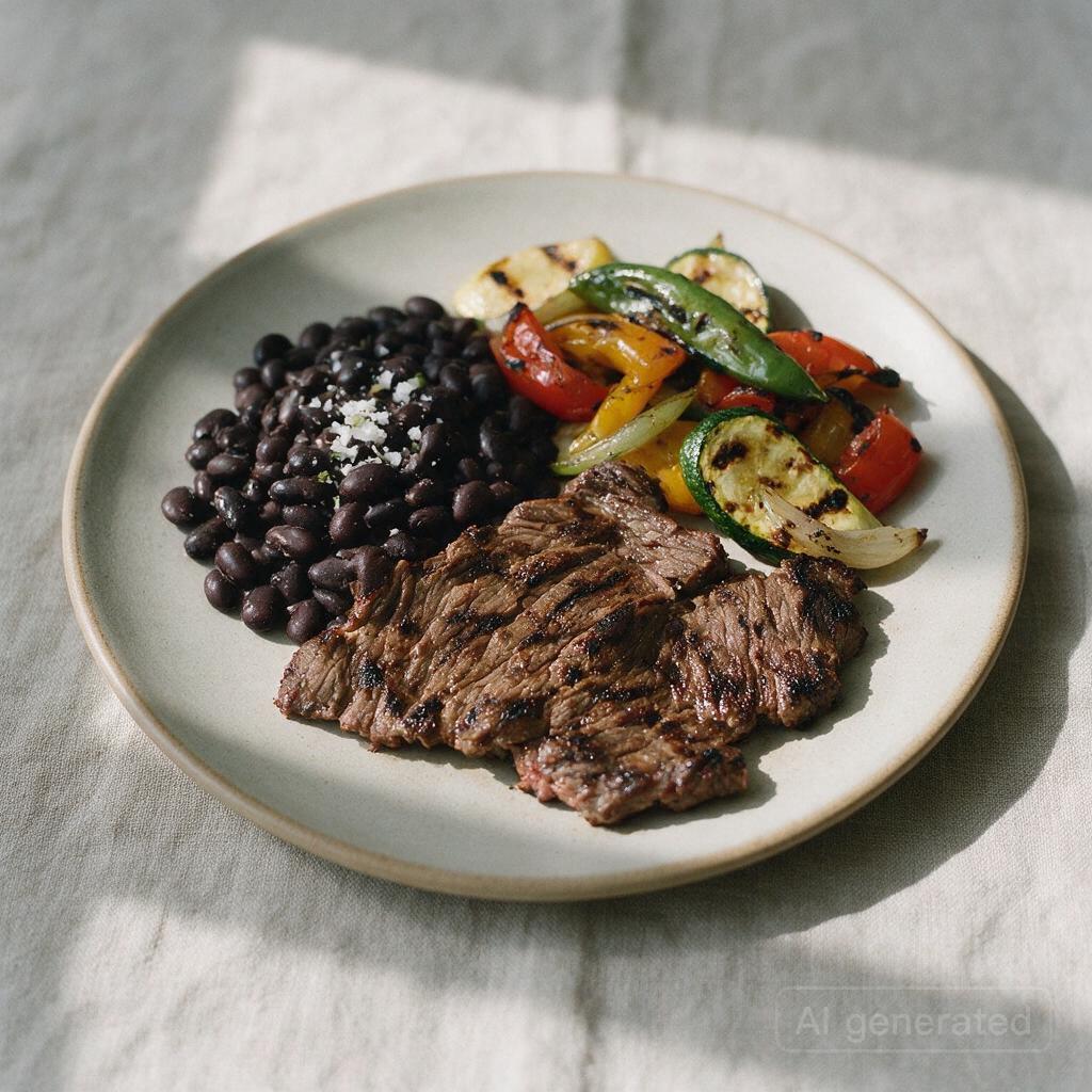 Carne asada with side of black beans and grilled vegetables