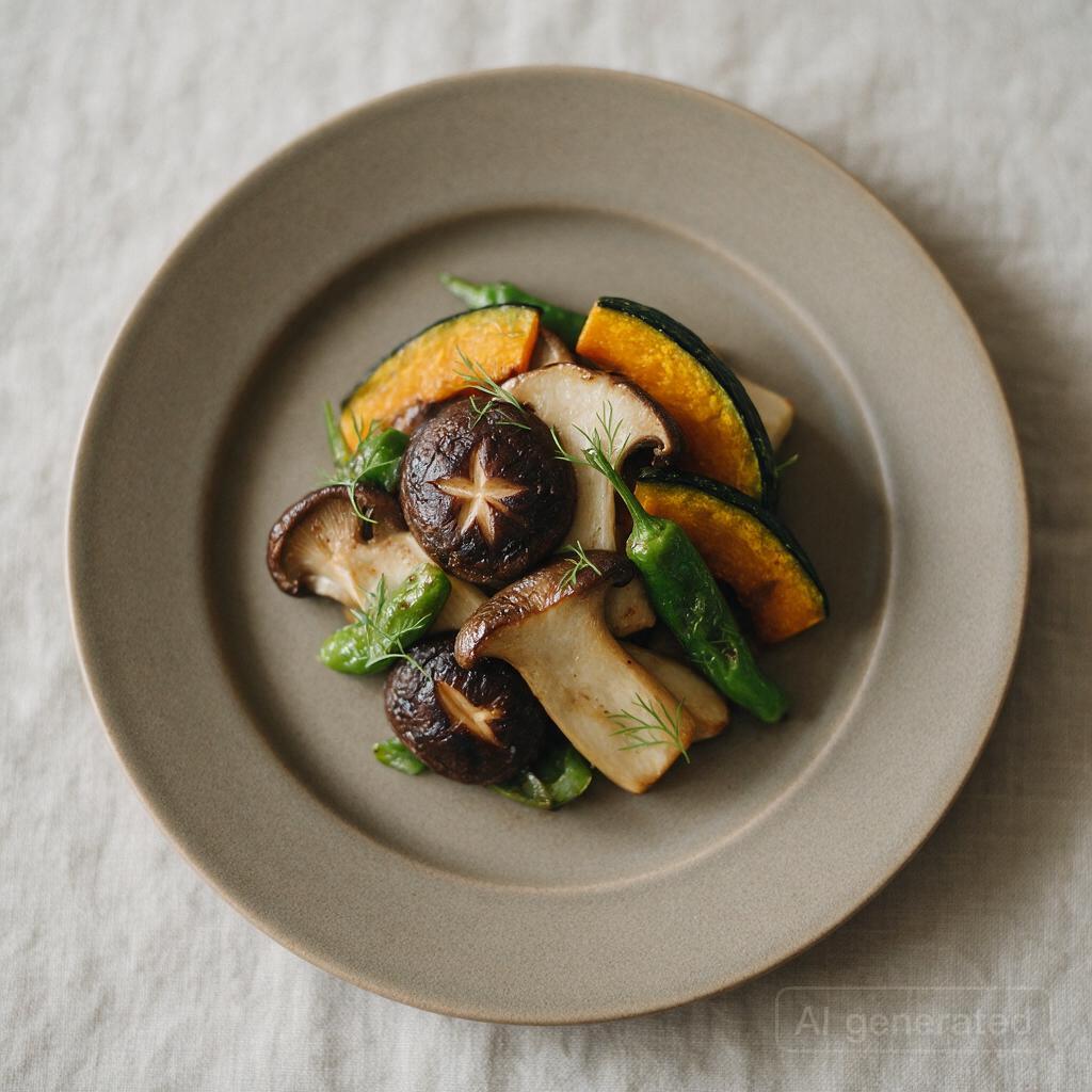Shiitake, king oyster mushrooms, kabocha, and shishito peppers