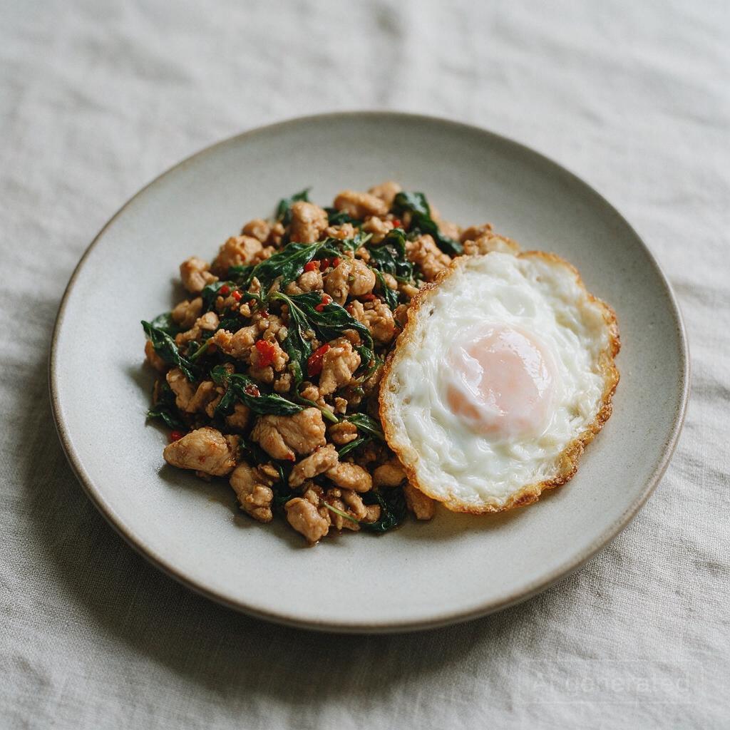 Stir-fried basil with chicken, pork, or shrimp (pad krapow)